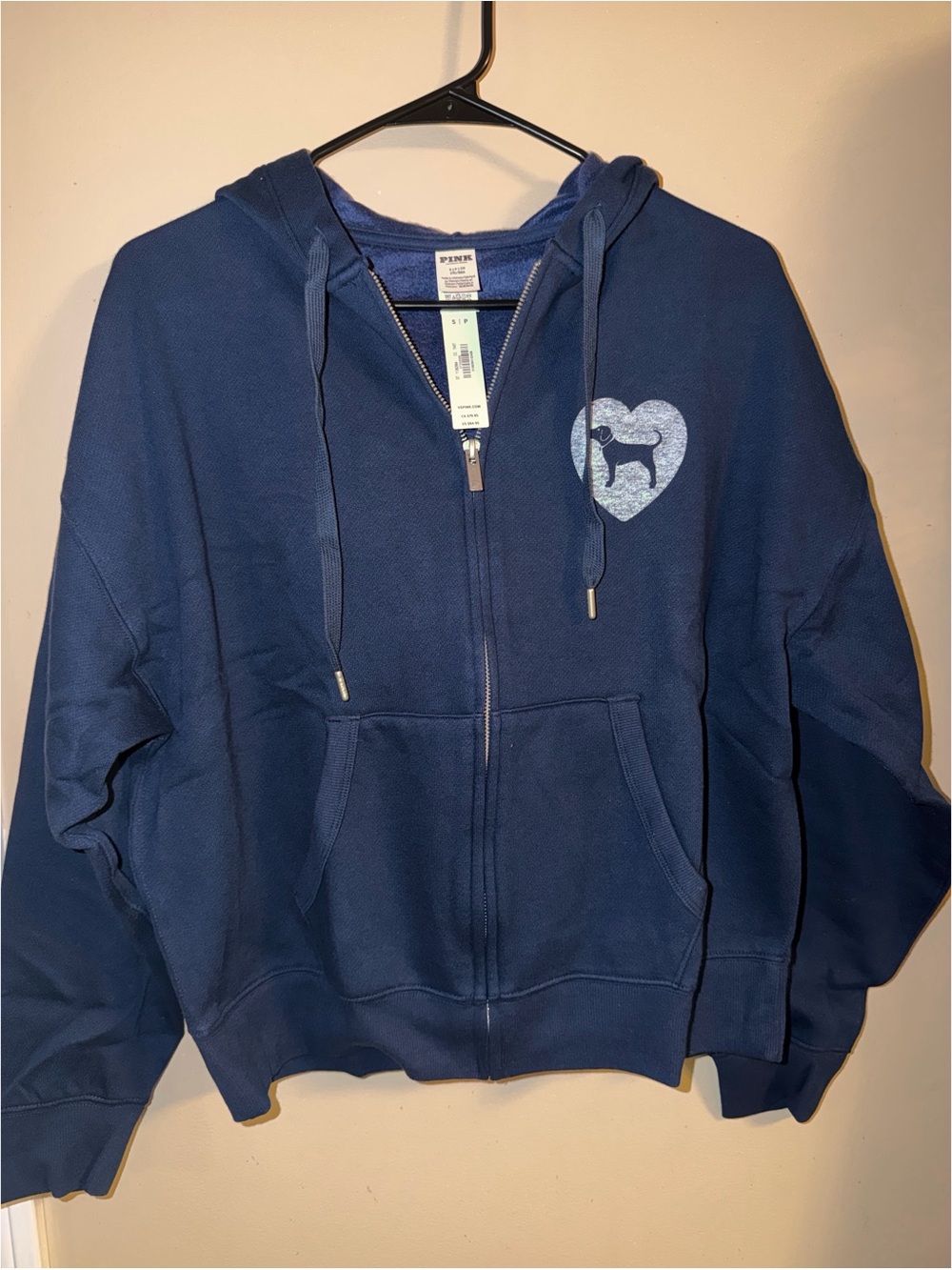 PINK Victoria's Secret Navy Zip Hoodie with Heart Dog Graphic